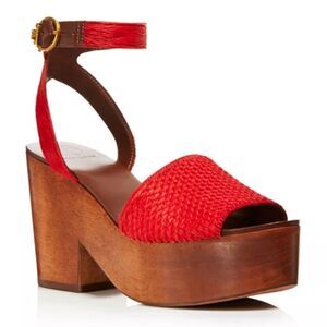 Tory Burch Camilla Red Calf Hair Open Toe Wood Platform Sandals Womens 7.5